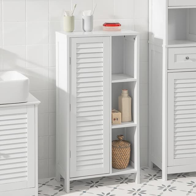 Detalle 2 de SoBuy Meuble de salle de bain haut BZR39-W : armoire étroite blanche avec porte lamellée et 3 étagères