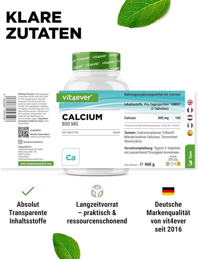 Detalle de vit4ever Calcium 400 Tabletten mit 800 mg elementarem Calcium (Calciumcarbonat) pro Tagesportion – vegan