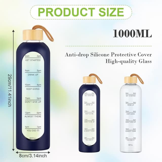 Detalle de AOOWU gourde en verre borosilicate 1 L avec couvercle bambou, marqueur de temps et étui silicone