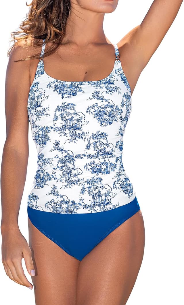 Detalle de Tankini da donna in due pezzi con scollo a U e spalline incrociate auto-annodate CUPSHE