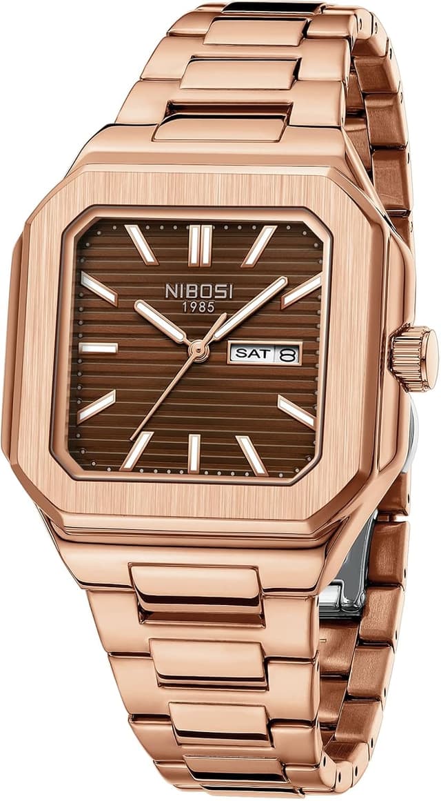 Detalle de NIBOSI Orologio da polso da uomo analogico al quarzo in acciaio inox quadrato impermeabile 3 ATM stile business
