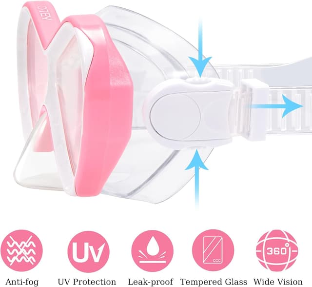 Detalle 2 de HIKOTEY Schnorchelset Kinder (Anti-Fog Panorama) – Dry Schnorchelmaske mit wasserdichten Ohrstöpseln