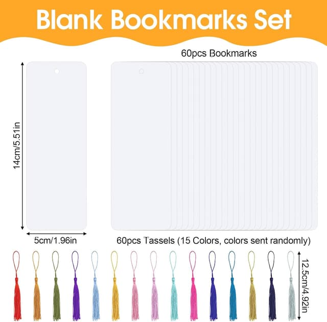 Detalle 2 de Blanko Lesezeichen-Set mit Loch (60 Papier-Lesezeichen, 14 x 5 cm) inkl. Quasten