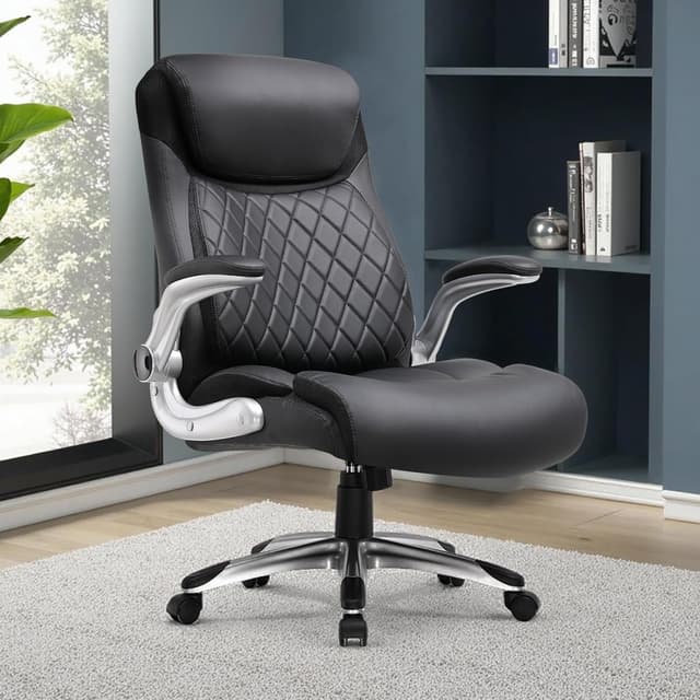 Detalle 2 de COMHOMA Bürostuhl ergonomisch mit S-förmiger Rückenlehne, Wippfunktion und klappbaren Armlehnen – Schwarz