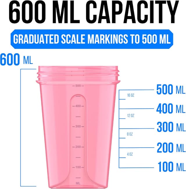 Detalle 2 de VELOMIX 2-Pack 600ml Protein Shaker Bottle (Pink/Turquoise) with Wire Mixball