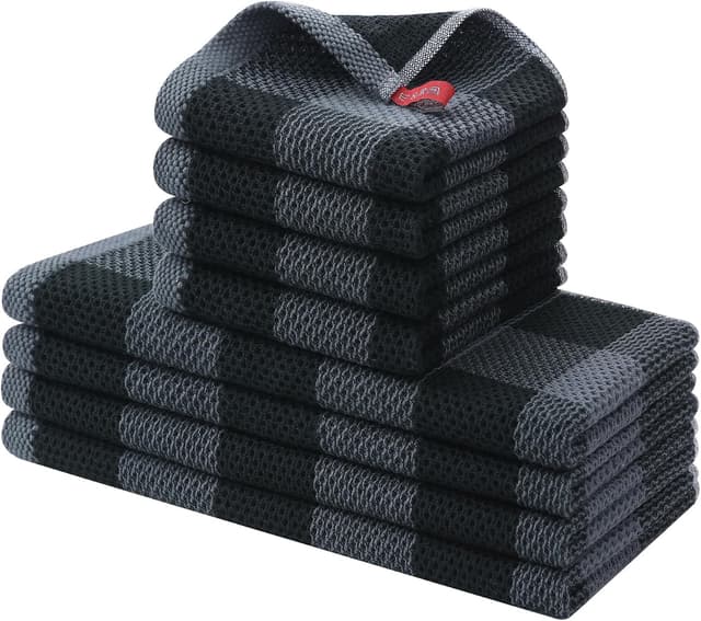 Detalle de Homaxy Kitchen Towels and Dishcloths Set (8-Pack) – 100% Cotton Waffle Weave, Black & Grey