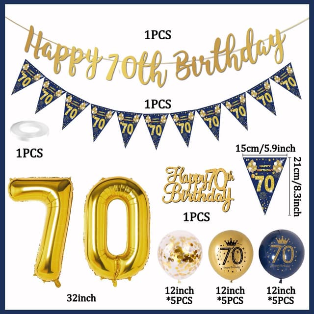 Detalle 2 de Blue Gold 70th Birthday Banner & Balloons Set (Navy Blue & Gold) with Triangular Bunting, Foil Balloon, Cake Topper