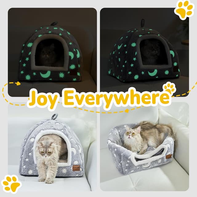 Detalle de CATISM Cat Bed Cave Grey Star & Moon, foldable indoor tent-style cat cave with removable washable cushion, 40 x 40 x 38cm