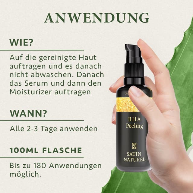 Detalle 2 de Satin Naturel Salicylsäure (BHA) Liquid Peeling 100 ml – sanftes Exfoliant für Gesicht & Hals mit Bio Aloe Vera, vegan