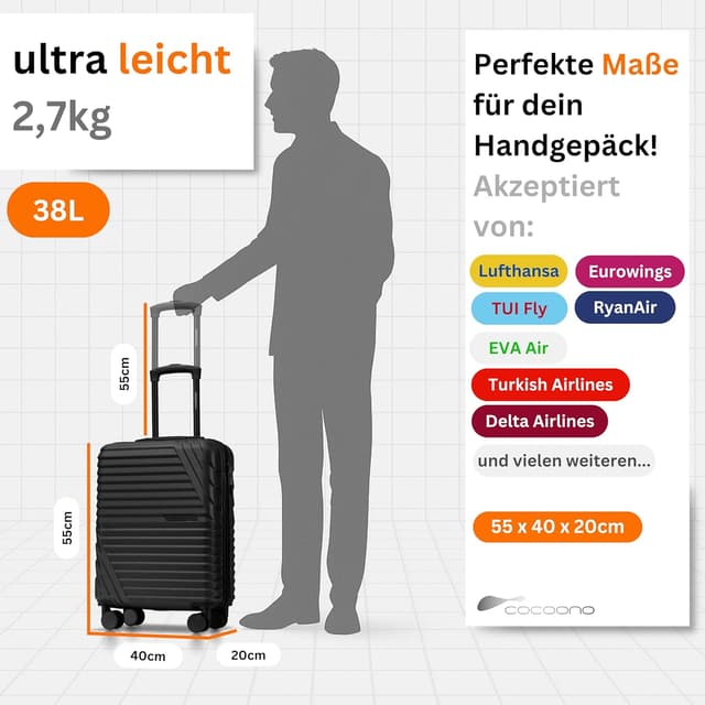 Detalle de Premium Handgepäck Koffer 55x40x20 cm (38 L) mit TSA-Schloss – bordtauglich für Ryanair, Lufthansa, Eurowings