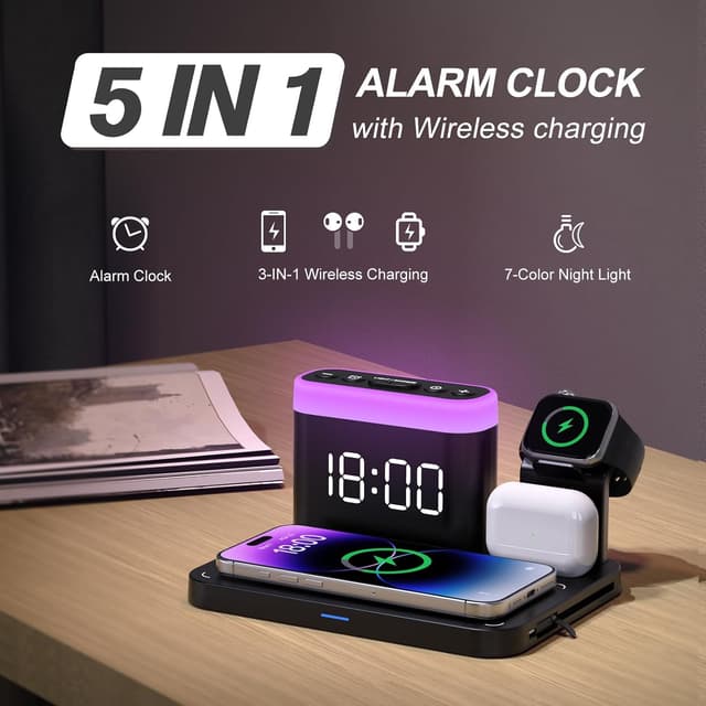 Detalle 2 de ANJANK 5-in-1 MagSafe wireless charging station with digital alarm clock, night lights and Magnetic chargers
