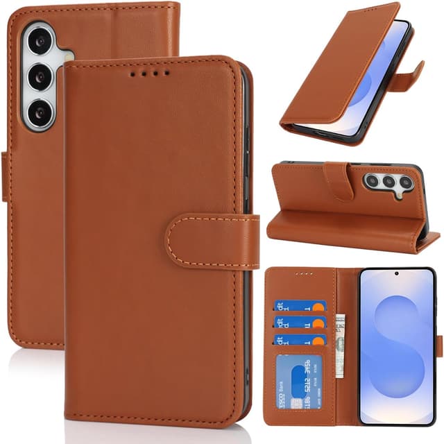 Detalle de Zouzt Hülle für Samsung Galaxy S25 – stoßfeste PU Leder Fliphülle mit Kartenhalter und Standfunktion (Hellbraun)