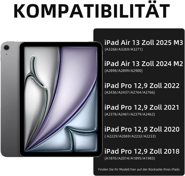 Detalle de Vobafe Tastatur-Hülle für iPad Air 13 Zoll & iPad Pro 12,9 Zoll – QWERTZ mit Trackpad, 7 Farben, Stifthalter (schwarz)