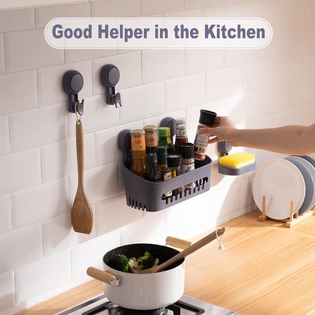 Detalle de Uten Étagère de douche 4 pièces avec ventouses sans perçage (panier, porte-savon, crochets)