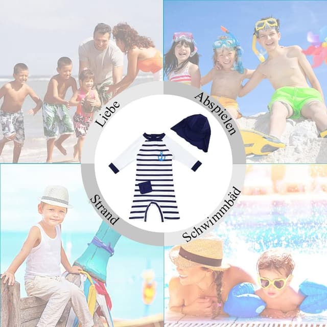 Detalle 2 de upandfast Baby Jungen Badeanzug mit Sonnenhut (UPF 50+, einteilig, Reißverschluss)