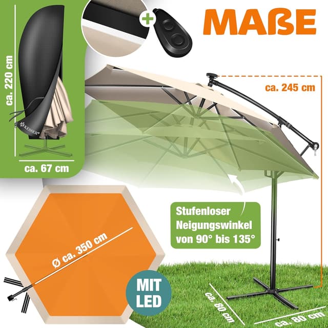Detalle 2 de KESSER® Alu Ampelschirm LED Solar mit 24 LED, Kurbel, 360°-Funktion und Abdeckung