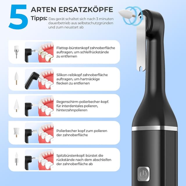 Detalle 2 de Zahnsteinentferner Zahnaufhellungsset „Professionell“ mit Zahnpolierer, 5 Modi und LED (5 Köpfe, Type-C, IPX7)