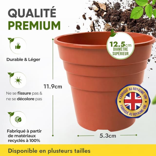 Detalle de Happy Pots lot de 5 pots en plastique recyclé (terre cuite) avec drainage – 12,5 cm