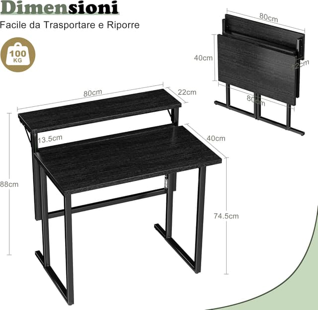 Detalle de JUMMICO scrivania pieghevole con supporto per monitor, 80 x 40 cm (nero)