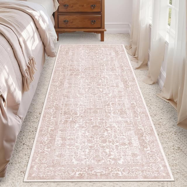 Detalle de HUGEAR Vintage Rose waschbarer Teppich 60x180 cm – rutschfest für Flur, Küche & Schlafzimmer