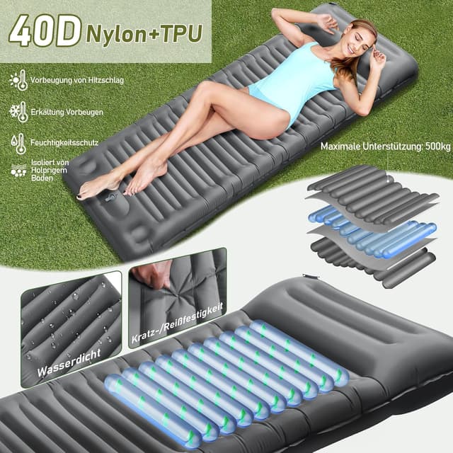 Detalle de JEMULICE Isomatte Camping (200×68×12 cm) mit Fußpumpe – ultradicke, wasserdichte Schlafmatte fürs Zelt