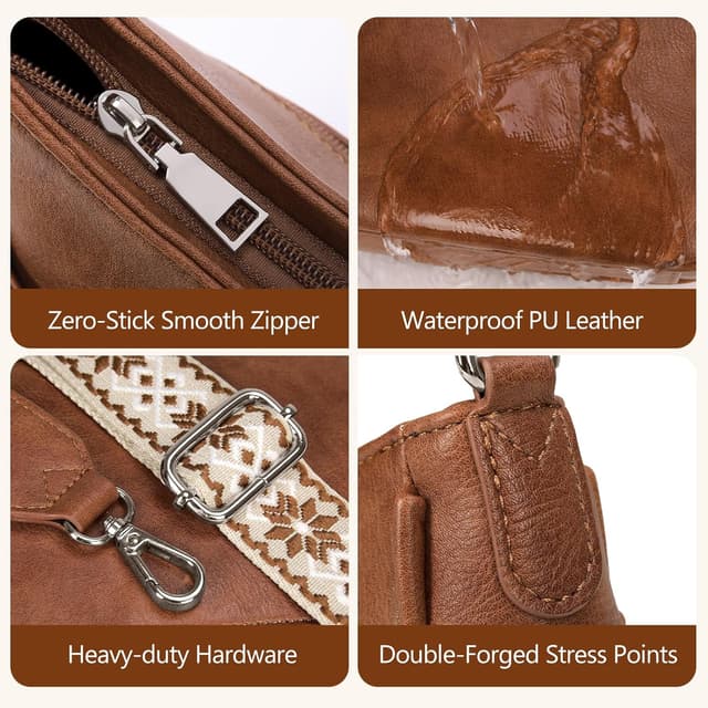 Detalle de RAINSMORE sac bandoulière femme en cuir PU, bandoulière large réglable et amovible, multiples poches (brun)