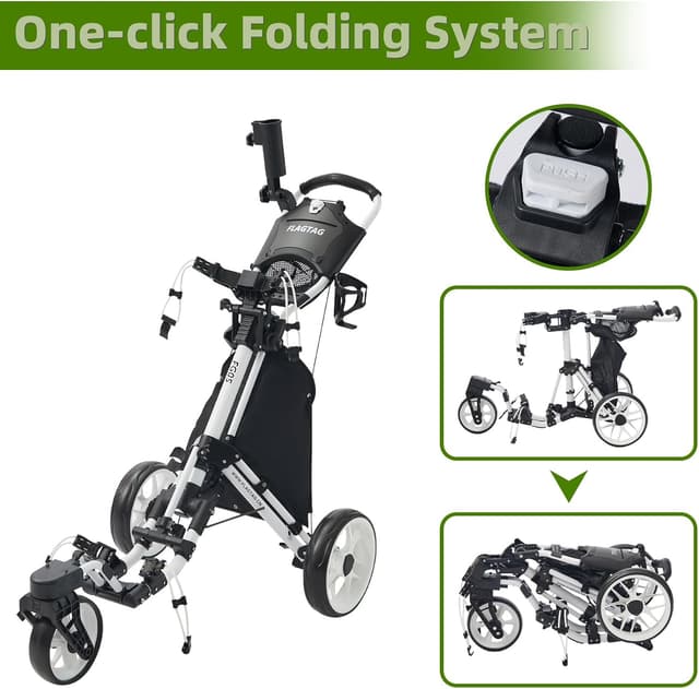 Detalle de FLAGTAG Golf Push Cart (3-Wheel) with 360° Swivel Front Wheel, Foldable Design & Foot Brake
