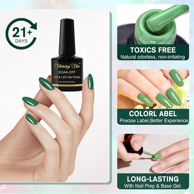 Detalle 2 de Shining She UV-Gel Nagellack Set Grün mit 6 Farben (Glitzergrün & Dunkelgrün), 8 ml pro Flasche