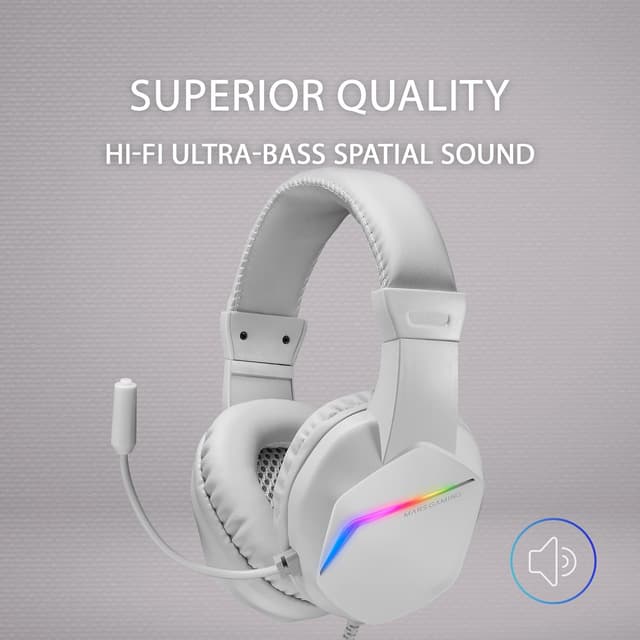 Detalle de Mars Gaming MH122W – Over-Ear Gaming-Kopfhörer mit Mikrofon, FRGB und passiver Geräuschunterdrückung (weiß, Large)