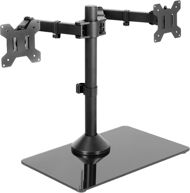Detalle de VIVO STAND-V002FG Freestanding Dual Monitor Stand with tempered glass base (adjustable arms, up to 32in screens)