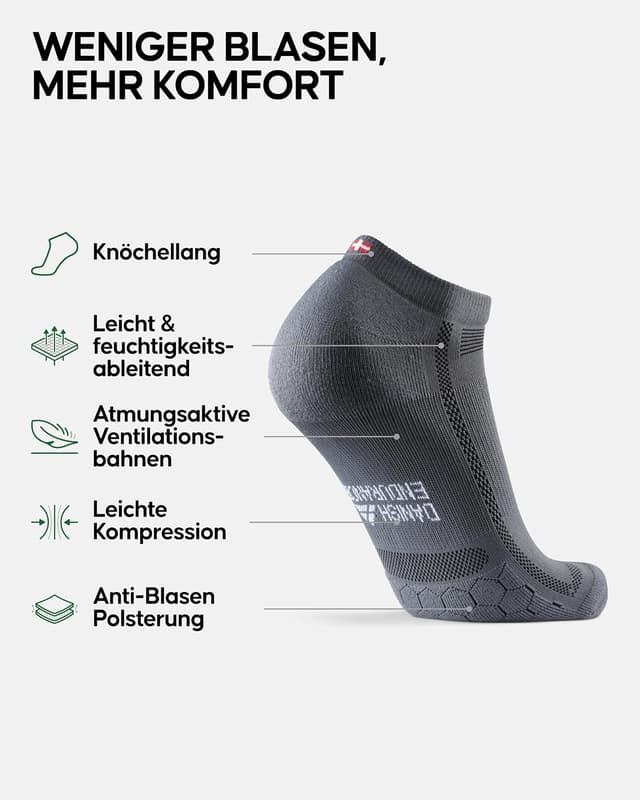 Detalle de DANISH ENDURANCE Kurze Laufsocken für Sommer mit leichter Kompression, Polster & Anti-Schweiß (3 oder 5 Paar)
