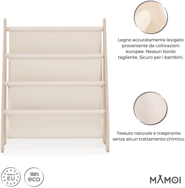 Detalle de MAMOI libreria autoportante per bambini con tasche in tessuto e cassettiera in legno