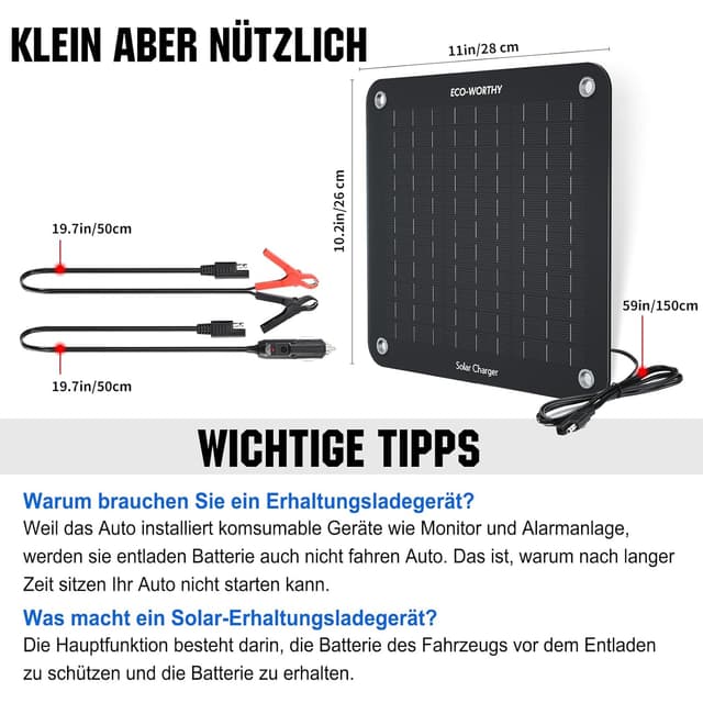 Thumbnail 6 de ECO-WORTHY 12 Volt 10 Watt Solar-Erhaltungsladegerät für Autobatterie (mit Krokodilklemmen & Zigarettenanzünderadapter)