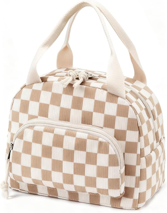 Detalle de OYLOLA Women’s Insulated Lunch Bag (Beige-Brown Plaid) — Small Cooler Lunch Tote