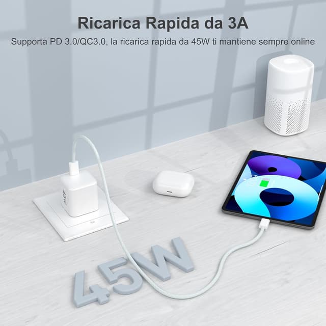 Detalle de YISH caricatore USB-C GaN 45W con PD 3.0 e cavo USB-C 1 m (compatto)