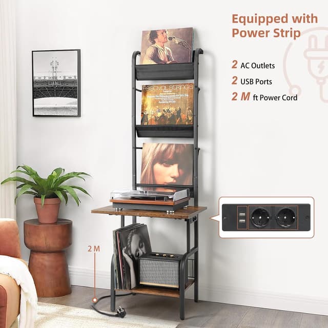 Detalle de Bikoney Supporto giradischi con presa di corrente e ripiani per vinili fino a 200 album