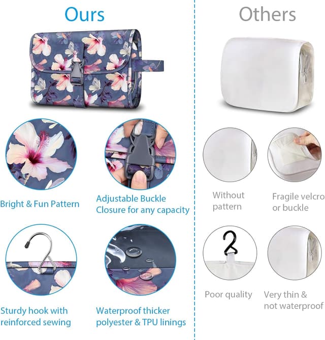 Detalle de Portable Toiletry Travel Wash Bag by FINPAC (Large) – Water-Resistant Hanging Cosmetic Organiser, Blooming Hibiscus