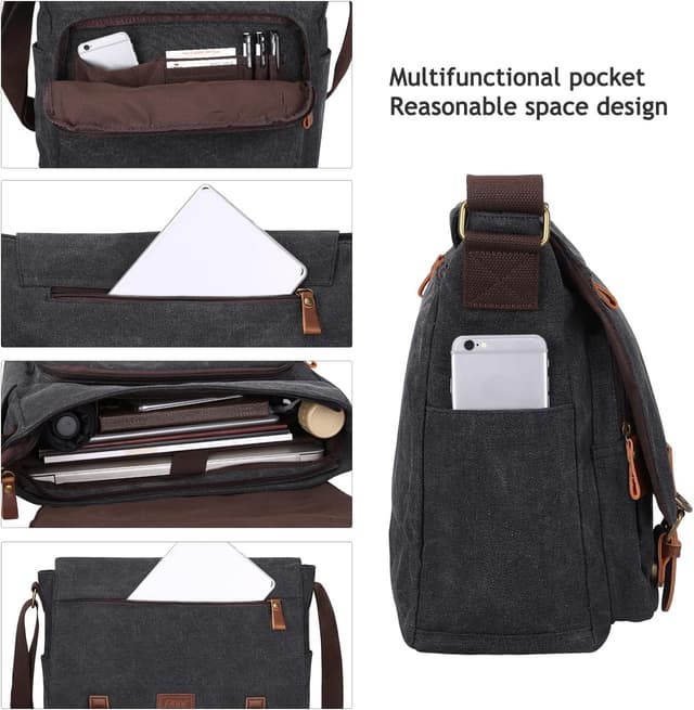 Detalle de S-ZONE Herren Umhängetasche für 15,6″ Laptop – Vintage Canvas Messenger Bag mit Schultergurt