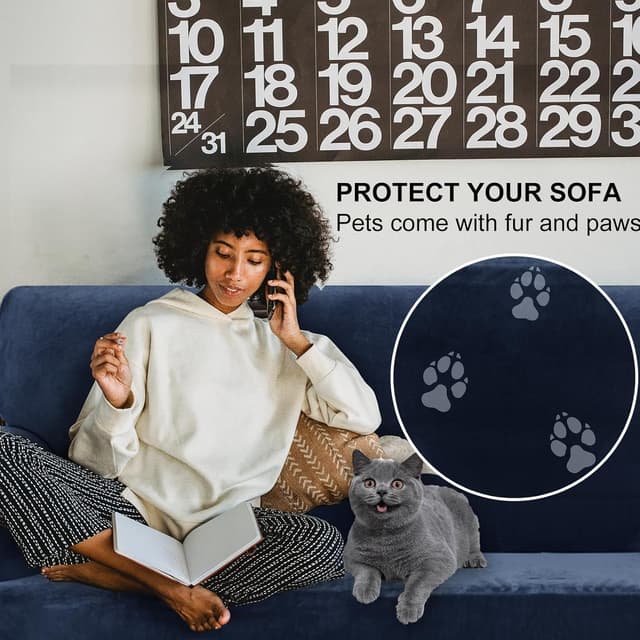 Detalle de Ystyle Housse de canapé en velours extensible 3 places bleu foncé