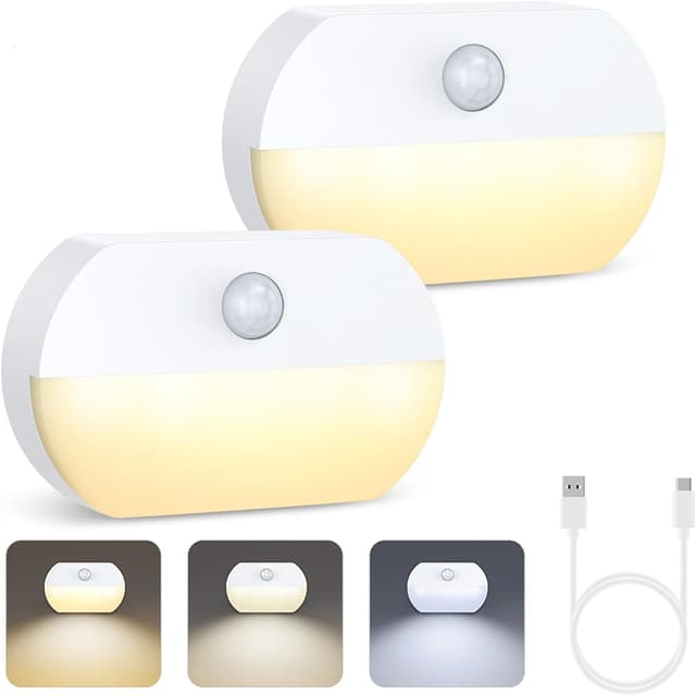 Detalle de OQIMAX Nachtlicht mit Bewegungsmelder – 2er-Set, 3 Modi (AUTO/OFF/ON) & 3 Farbtemperaturen