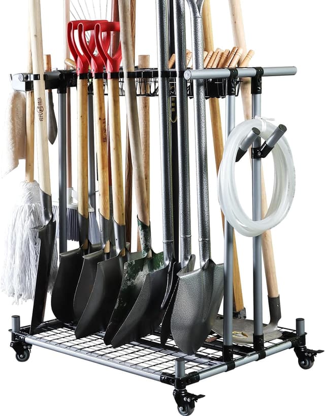 Detalle de QTJH Mehrzweck-Gartengeräte-Aufbewahrungsregal mit Rollen und Klemmsystem (bis zu 20 Langstielgeräte)