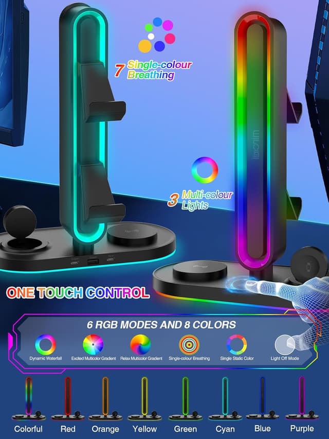 Detalle de RGB Headset Stand with Wireless Charger (8-in-1 Charging Station) with 20W PD Adapter
