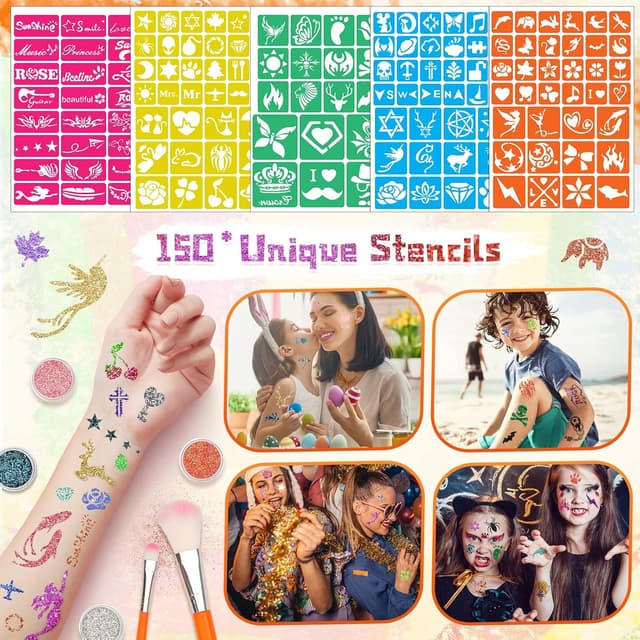 Detalle de AUKZON Glitzer Tattoo Set Kinder – temporäre Glitzertattoos mit 24 Farben & 150 Schablonen