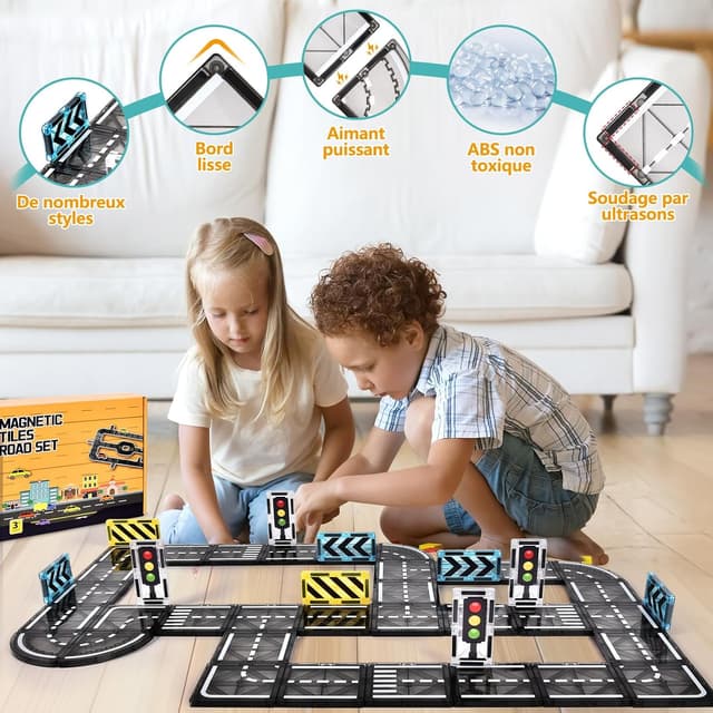 Detalle de BuzzoXerex Construction magnétique Routes – 50 pièces de tuiles magnétiques pour créer des parcours routiers