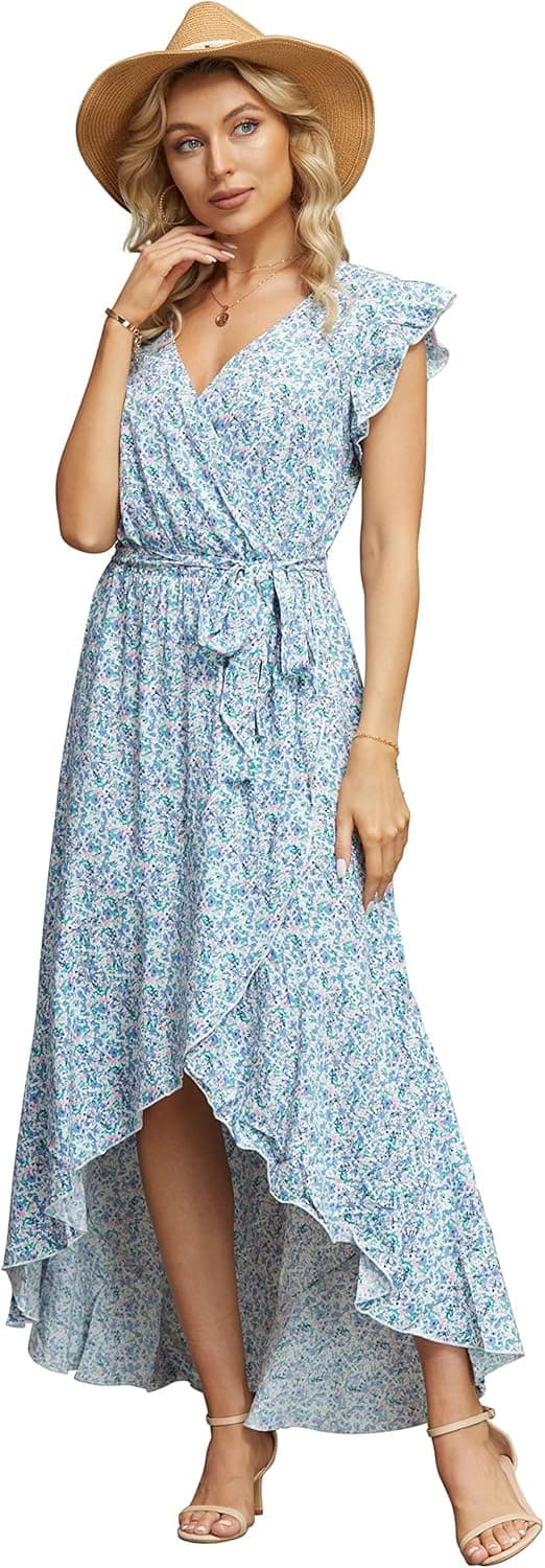 Detalle de GRECERELLE Women’s Boho Floral Wrap Maxi Dress with V-neck & Tie Belt