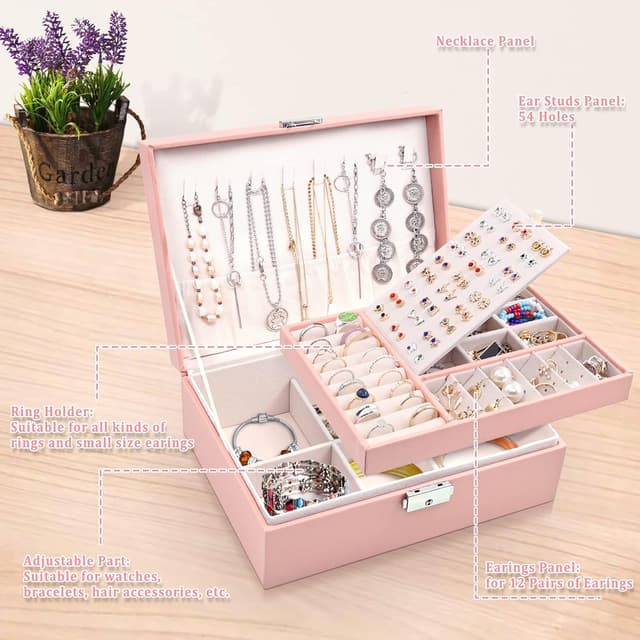 Detalle de Larkumio organizador de joyas grande de doble capa para mujer y niña (rosado) con cerradura y llave