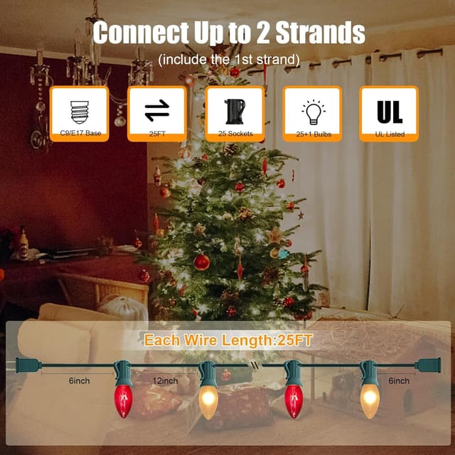 Thumbnail 1 de C9 Red and White Christmas String Lights 26 Red Frosted Bulbs 🎄