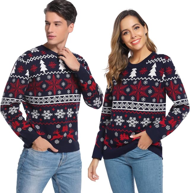 Detalle de Litherday Pull de Noël en maille tricot à col rond imprimé motifs famille (unisexe) S à XXL