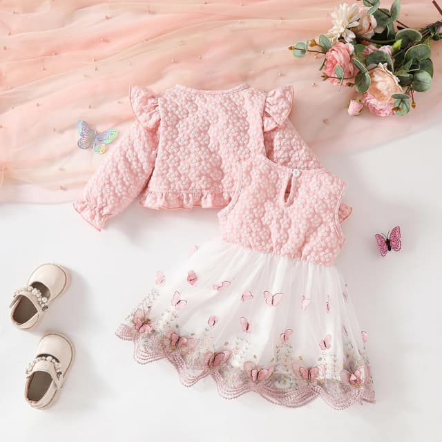 Detalle de JiAmy 2-Piece Baby Girls Dress and Cardigan Set (Sleeveless Floral Dress + Ruffle Cardigan) for 3 Months–3 Years