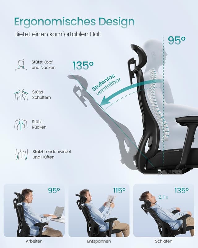 Detalle 2 de SONGMICS OBN066BH01 ergonomischer Bürostuhl mit Rücken- und Kopfstütze